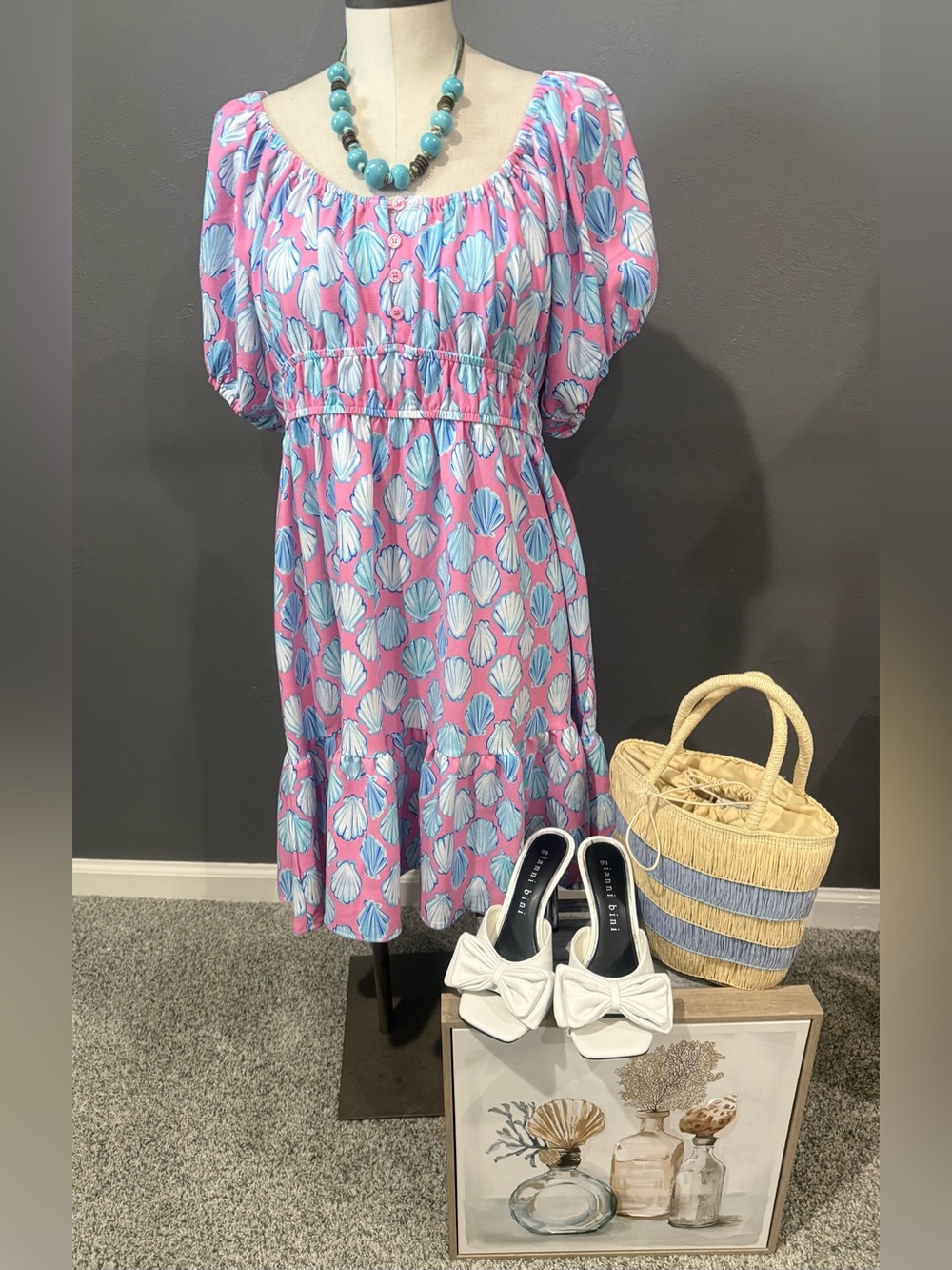 Simply Southern Pink Shell-Print Puff Sleeve Mini Dress with Blue Shells